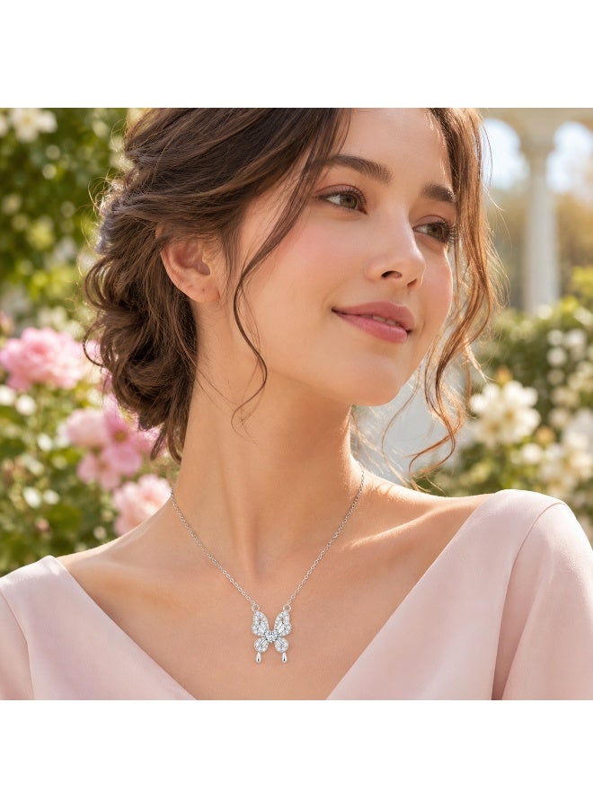 RAFAL Crystal Butterfly Women's Silver-Tone Pendant Necklace with Heart Center and Hanging Drops - Image 5