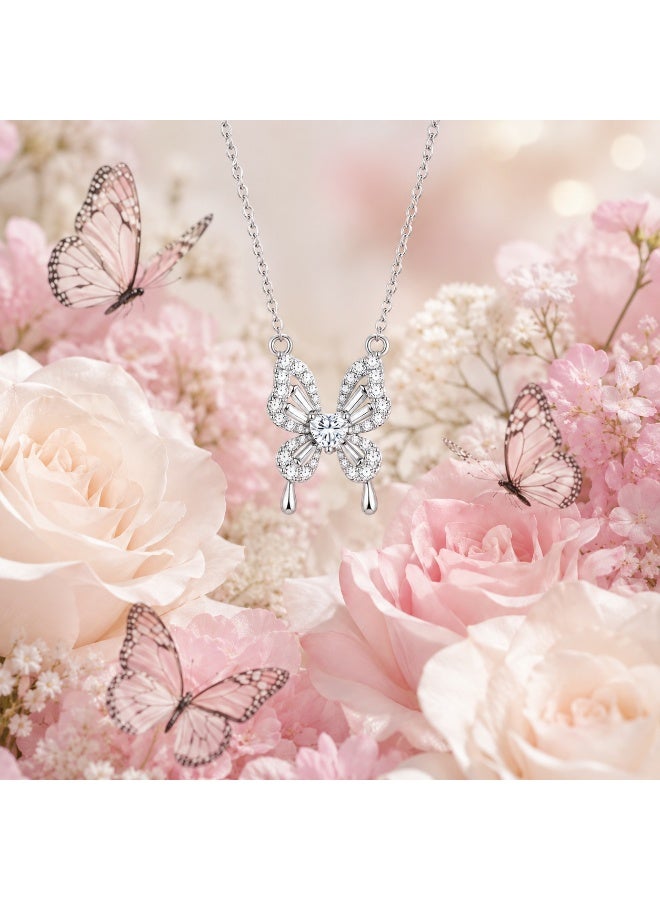 RAFAL Crystal Butterfly Women's Silver-Tone Pendant Necklace with Heart Center and Hanging Drops - Image 3