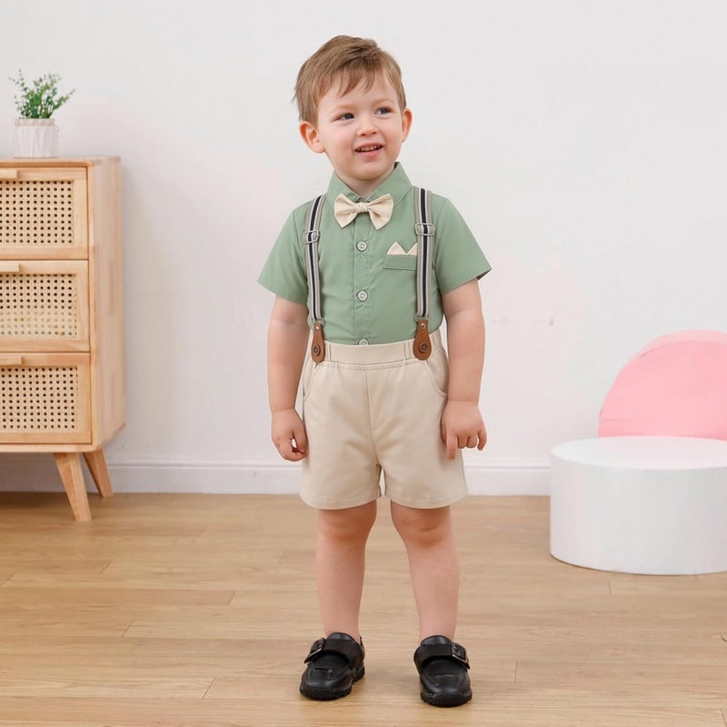 YALLET Toddler Baby Boy Outfits 1-5T Boys Suits Gentleman Short Sleeve Button Shirts+Bowtie+Suspender Shorts Formal Clothes - Image 2