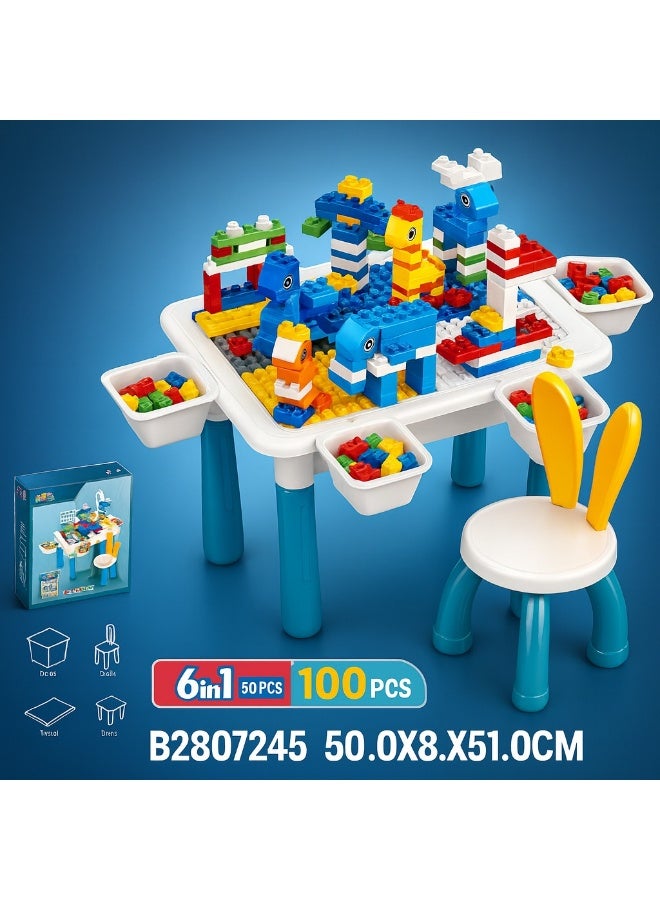 طاولة أنشطة الأطفال متعددة الاستخدامات 6 في 1 مع كرسي و100 قطعة بناء ومكان تخزين - Image 2