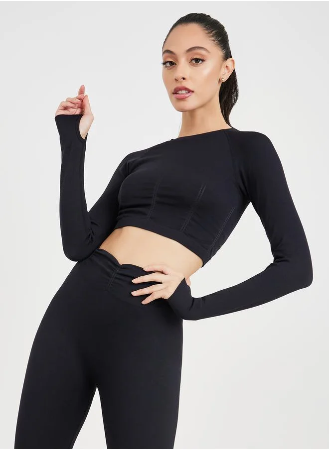 ستايلي Seamless Gathered Detail Long Sleeves Crop Top and Legging Set