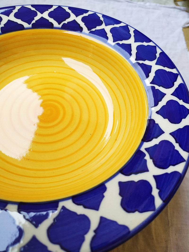 Separate Way Ceramic Handmade Soup/Dessert Plate Yellow & Blue Umrao/Mughal Pattern 8.5 Inch Diameter ( Set of 6 ) - Image 3