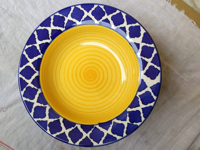 Separate Way Ceramic Handmade Soup/Dessert Plate Yellow & Blue Umrao/Mughal Pattern 8.5 Inch Diameter ( Set of 6 ) - Image 2