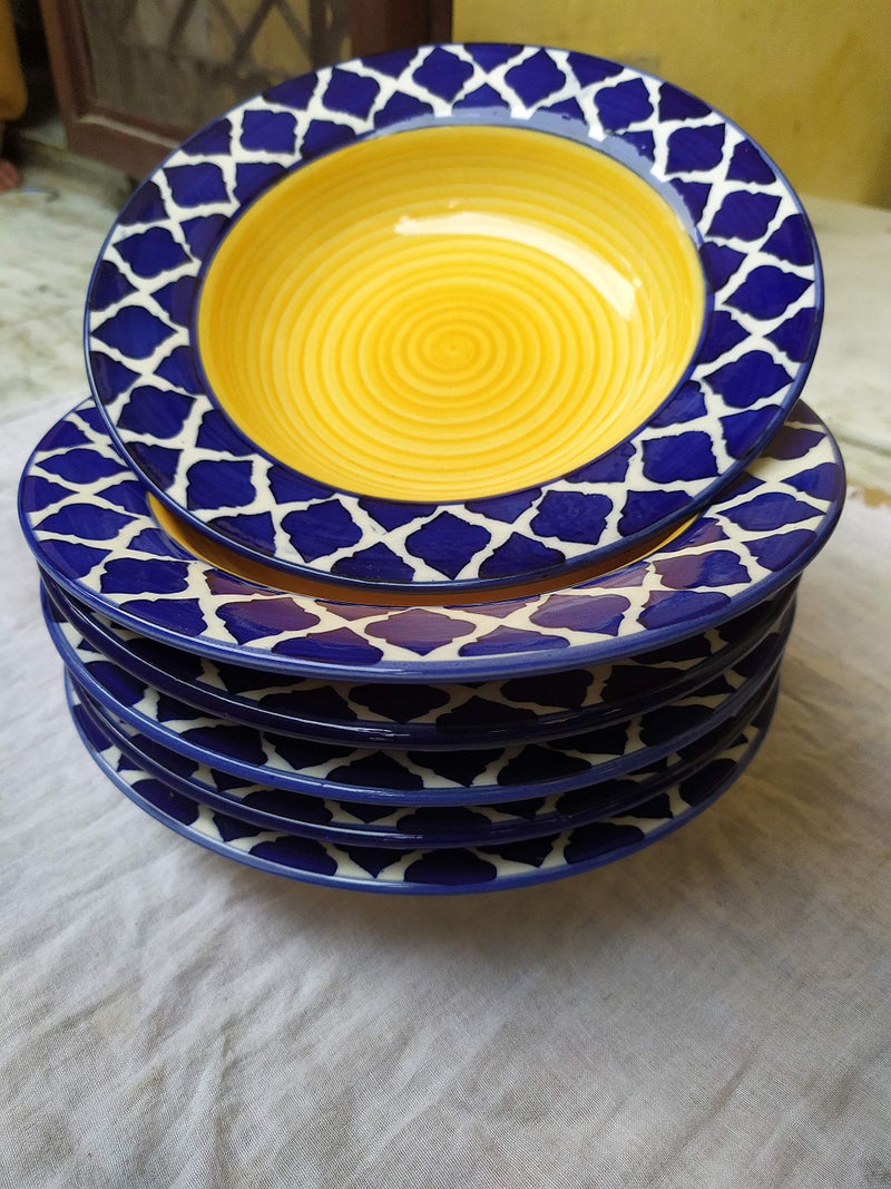Separate Way Ceramic Handmade Soup/Dessert Plate Yellow & Blue Umrao/Mughal Pattern 8.5 Inch Diameter ( Set of 6 ) - Image 1