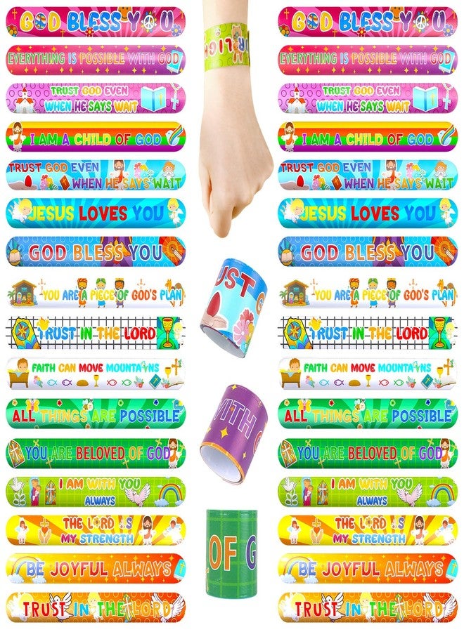 POPLAY 48PCS Christian Slap Bracelets, Snap Wristbands Bible Verses Religious Snap Bracelets for Kids Sunday School Gifts Classroom Prizes - Image 1
