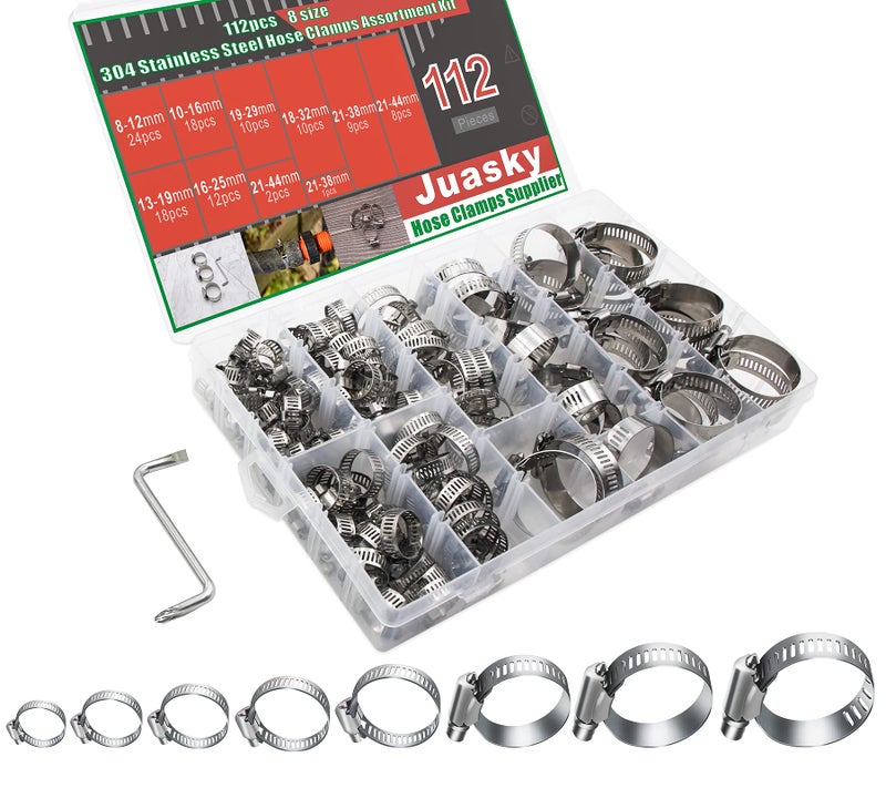 Juasky 112pcs Hose Clamps Stainless Steel,Stainless Steel Clamps,Hose Clamp Assortment Kit,Adjustable Worm Gear Heavy Duty Pipe Clamps - Image 1