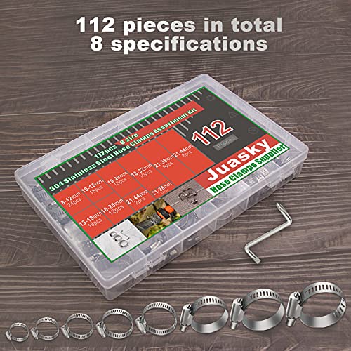 Juasky 112pcs Hose Clamps Stainless Steel,Stainless Steel Clamps,Hose Clamp Assortment Kit,Adjustable Worm Gear Heavy Duty Pipe Clamps - Image 2