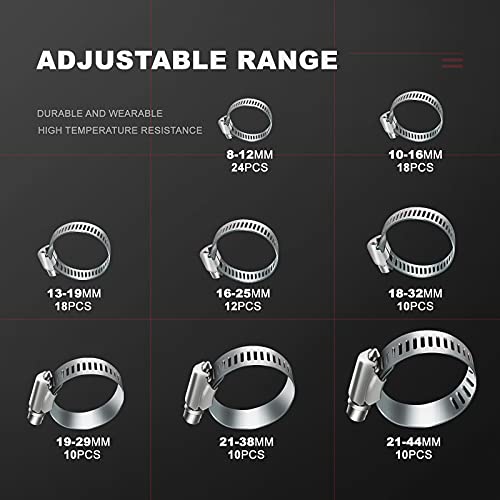 Juasky 112pcs Hose Clamps Stainless Steel,Stainless Steel Clamps,Hose Clamp Assortment Kit,Adjustable Worm Gear Heavy Duty Pipe Clamps - Image 3