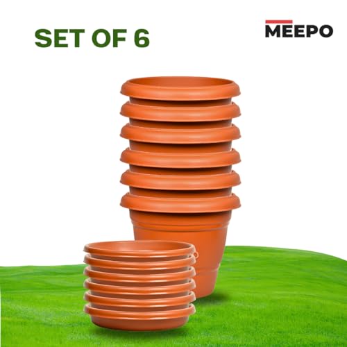Meepo Brown Planters with Bottom Plates - 6 Pcs, Gamla Pots for Home, Plant Containers, Indoor Outdoor Balcony Flower Pots, Drip Tray Pots with Plates (12 Inch, Pack of 6) - Image 3