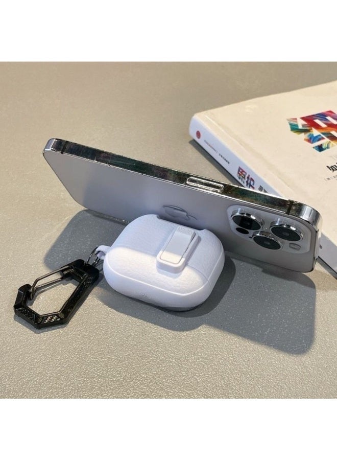 AirPods Pro 3 Locking Leather Case with Carabiner & Phone Stand - Anti-Loss Secure Cover for Apple AirPods Charging Case (White) - Image 5