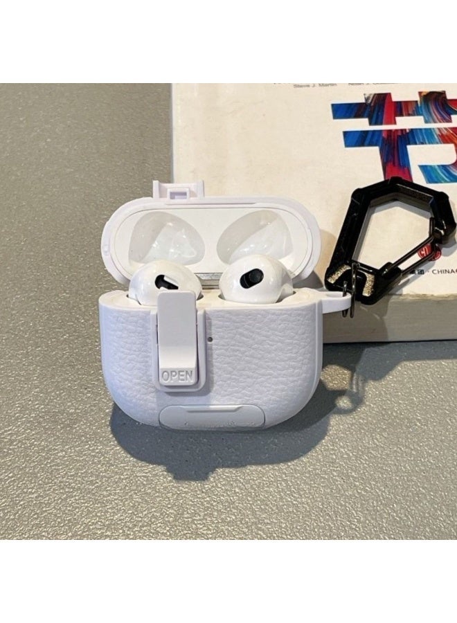 AirPods Pro 3 Locking Leather Case with Carabiner & Phone Stand - Anti-Loss Secure Cover for Apple AirPods Charging Case (White) - Image 2