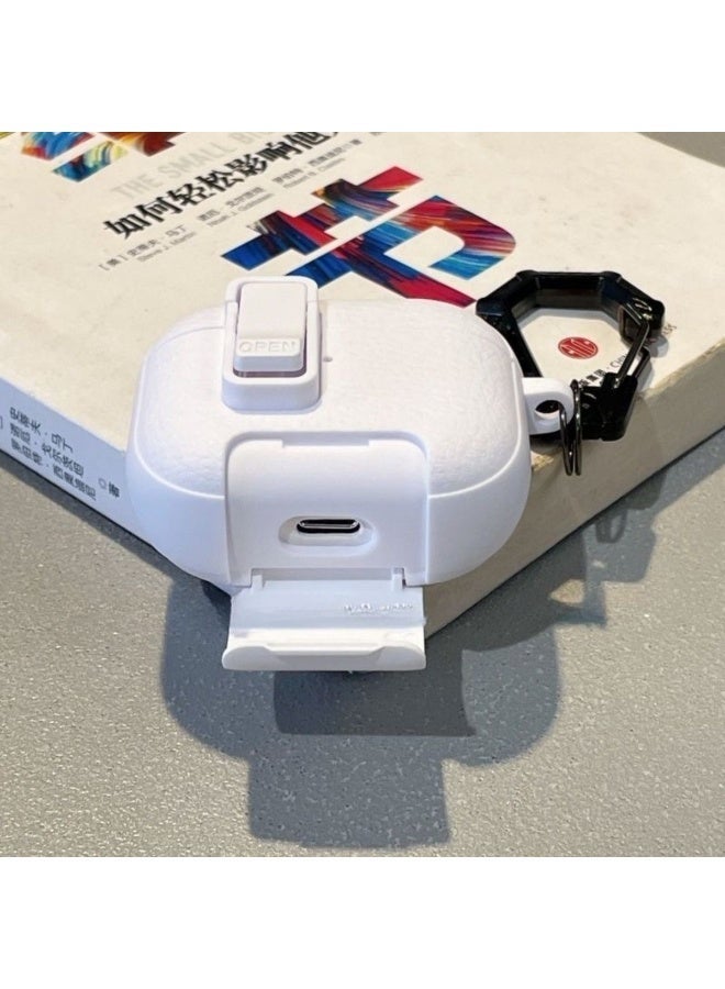 AirPods Pro 3 Locking Leather Case with Carabiner & Phone Stand - Anti-Loss Secure Cover for Apple AirPods Charging Case (White) - Image 4