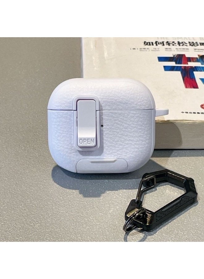 AirPods Pro 3 Locking Leather Case with Carabiner & Phone Stand - Anti-Loss Secure Cover for Apple AirPods Charging Case (White) - Image 3