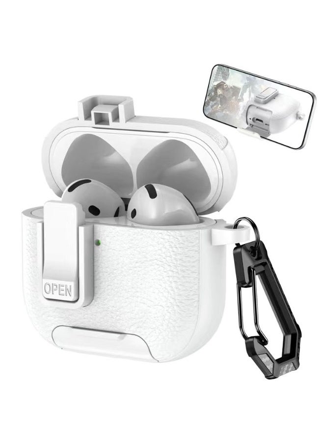AirPods Pro 3 Locking Leather Case with Carabiner & Phone Stand - Anti-Loss Secure Cover for Apple AirPods Charging Case (White) - Image 1