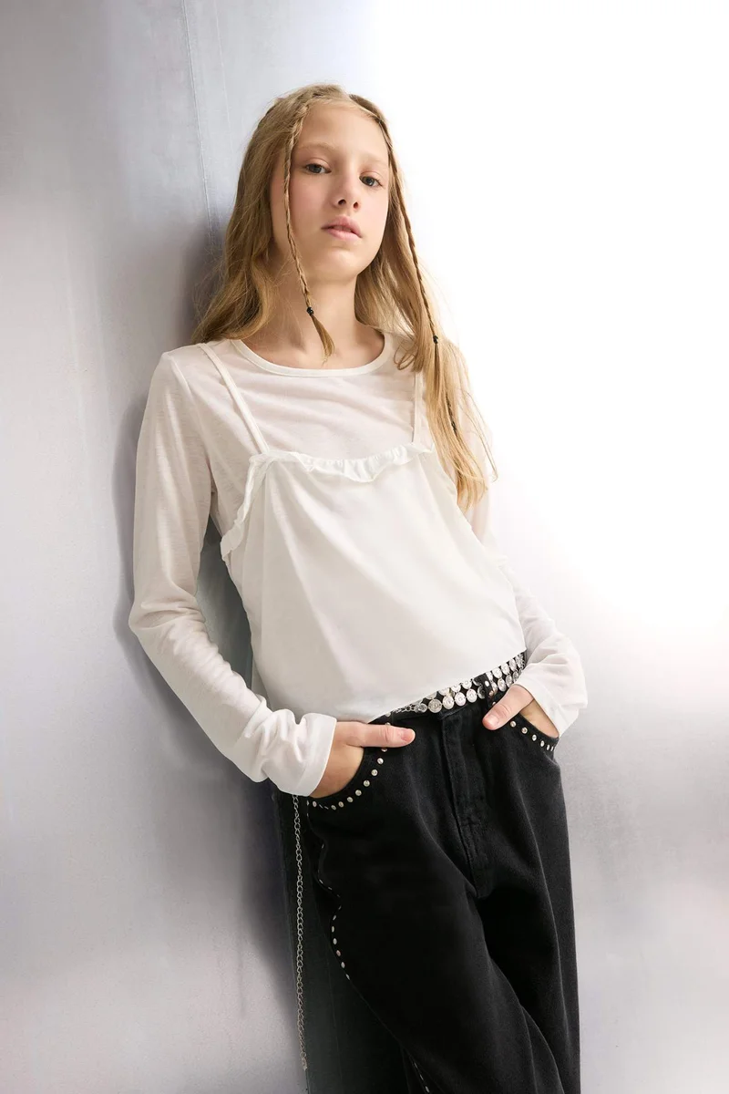 ديفاكتو Girl Fitted Crew Neck Long Sleeve T-Shirt