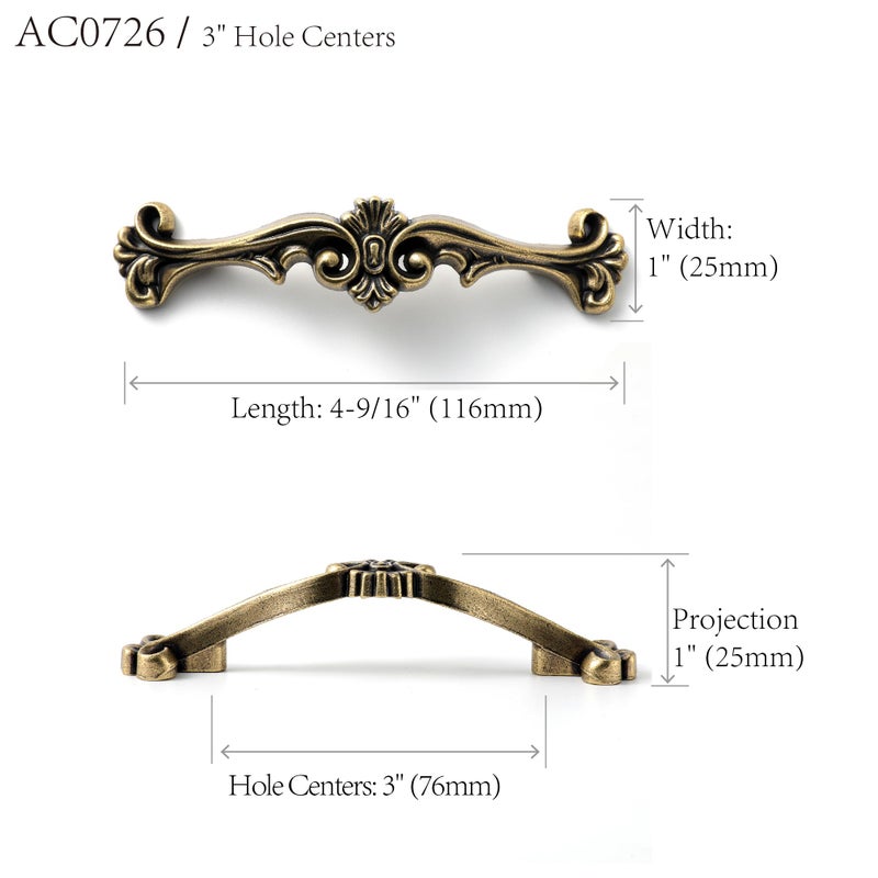 JETLAND Traditional Antique Cabinet Hardware - 6 Pack, Antique Brass, 3" Hole Centers, Vintage Pulls for Drawer Dresser Nightstand, AC0726AB076 - Image 2