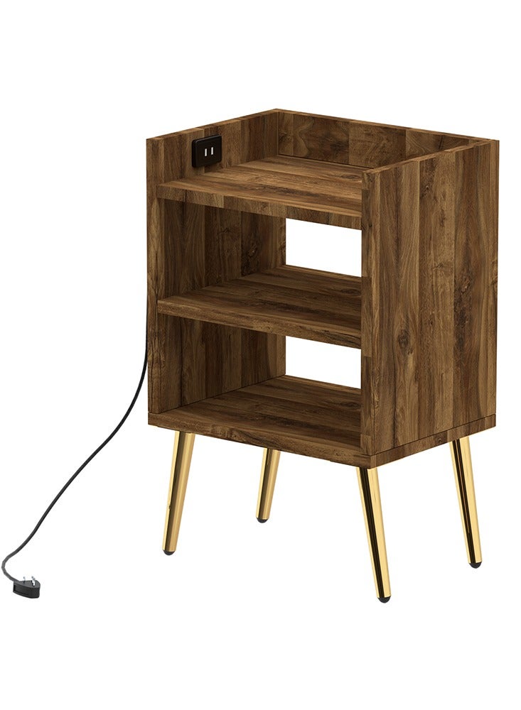 Mahmayi Mahmayi Modern Night Stand Table, Side Table with Attached BS02 Desktop Socket USB A/C Port 3 Open Storage Shelves, Side Table For Living Room, Bedroom - Dark Hunton Oak  - Image 1