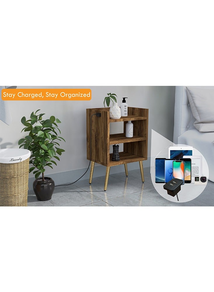 Mahmayi Mahmayi Modern Night Stand Table, Side Table with Attached BS02 Desktop Socket USB A/C Port 3 Open Storage Shelves, Side Table For Living Room, Bedroom - Dark Hunton Oak  - Image 2