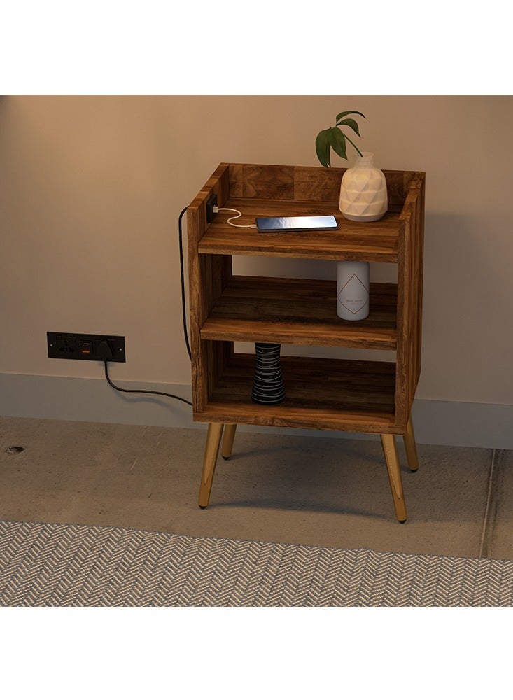 Mahmayi Mahmayi Modern Night Stand Table, Side Table with Attached BS02 Desktop Socket USB A/C Port 3 Open Storage Shelves, Side Table For Living Room, Bedroom - Dark Hunton Oak  - Image 3