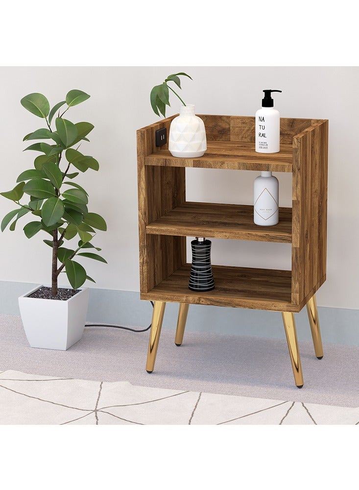 Mahmayi Mahmayi Modern Night Stand Table, Side Table with Attached BS02 Desktop Socket USB A/C Port 3 Open Storage Shelves, Side Table For Living Room, Bedroom - Dark Hunton Oak  - Image 4