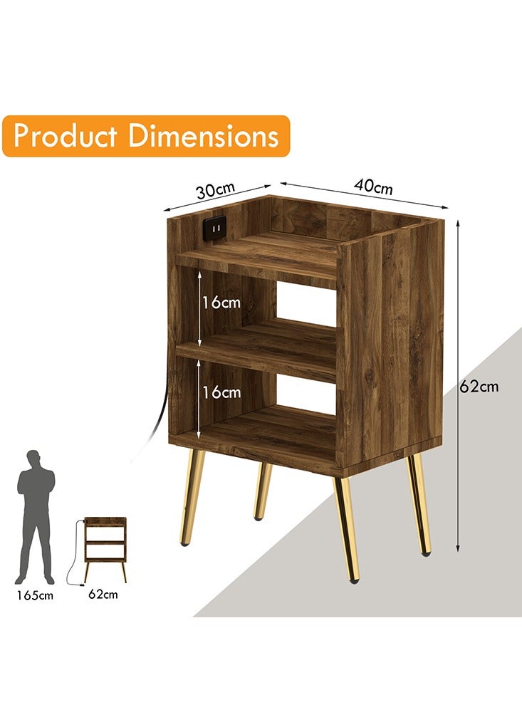Mahmayi Mahmayi Modern Night Stand Table, Side Table with Attached BS02 Desktop Socket USB A/C Port 3 Open Storage Shelves, Side Table For Living Room, Bedroom - Dark Hunton Oak  - Image 5