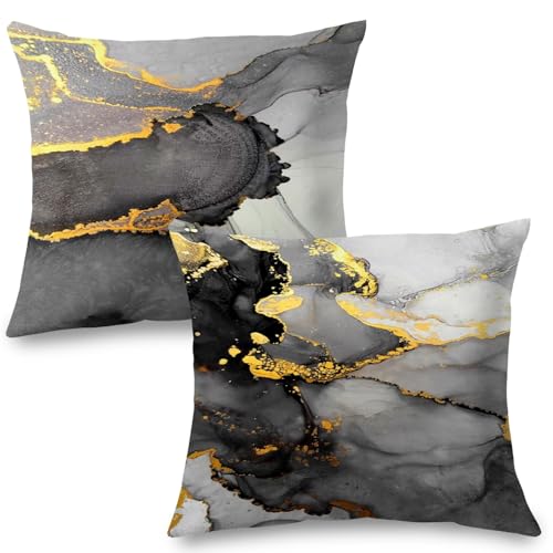 Supwhd Black Grey and Gold Marble Pillow Covers 18x18 DoubleSided Abstract Modern Decorative Throw Pillow Covers for Living Room Bedroom Modern Home Decor Black and Gold Decor Set of 2 - Image 1