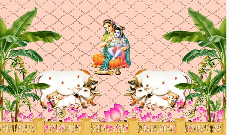 Backdropon قماش خلفية تصميم ياشودا ماتا مع اللورد كريشنا لتزيين البوجا حفل الأرز أنابراسانام خلفية ستارة للمهرجان بحجم 5 أقدام ارتفاع و 8 أقدام عرض (5 * 8) - Image 1