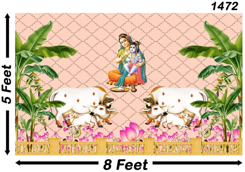 Backdropon قماش خلفية تصميم ياشودا ماتا مع اللورد كريشنا لتزيين البوجا حفل الأرز أنابراسانام خلفية ستارة للمهرجان بحجم 5 أقدام ارتفاع و 8 أقدام عرض (5 * 8) - Image 3