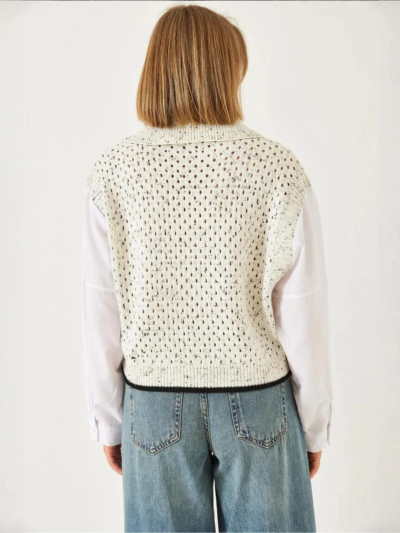Bianco Lucci Beige Natural LUCCI Textured Knit Crop Sweater with Shirt Collar for Women | Best Price UAE