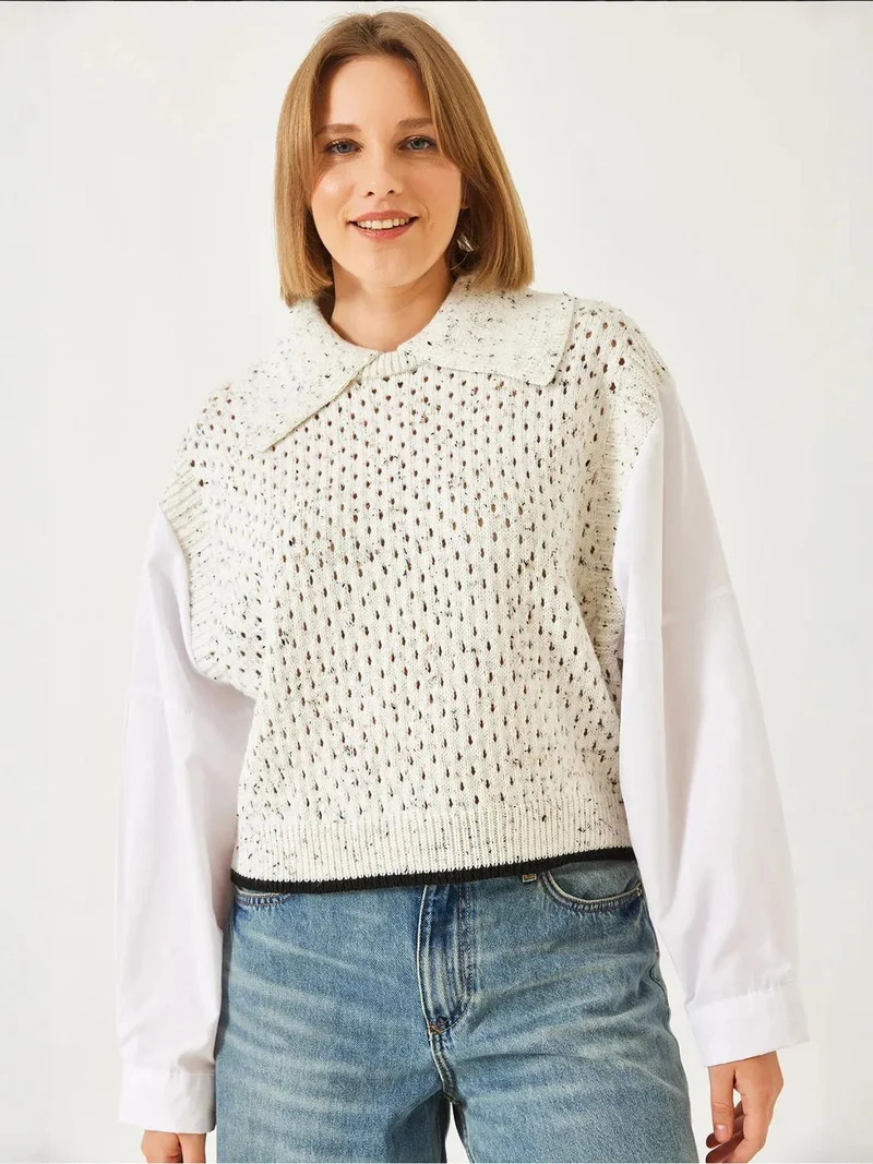 Bianco Lucci Beige Natural LUCCI Textured Knit Crop Sweater with Shirt Collar for Women | Best Price UAE