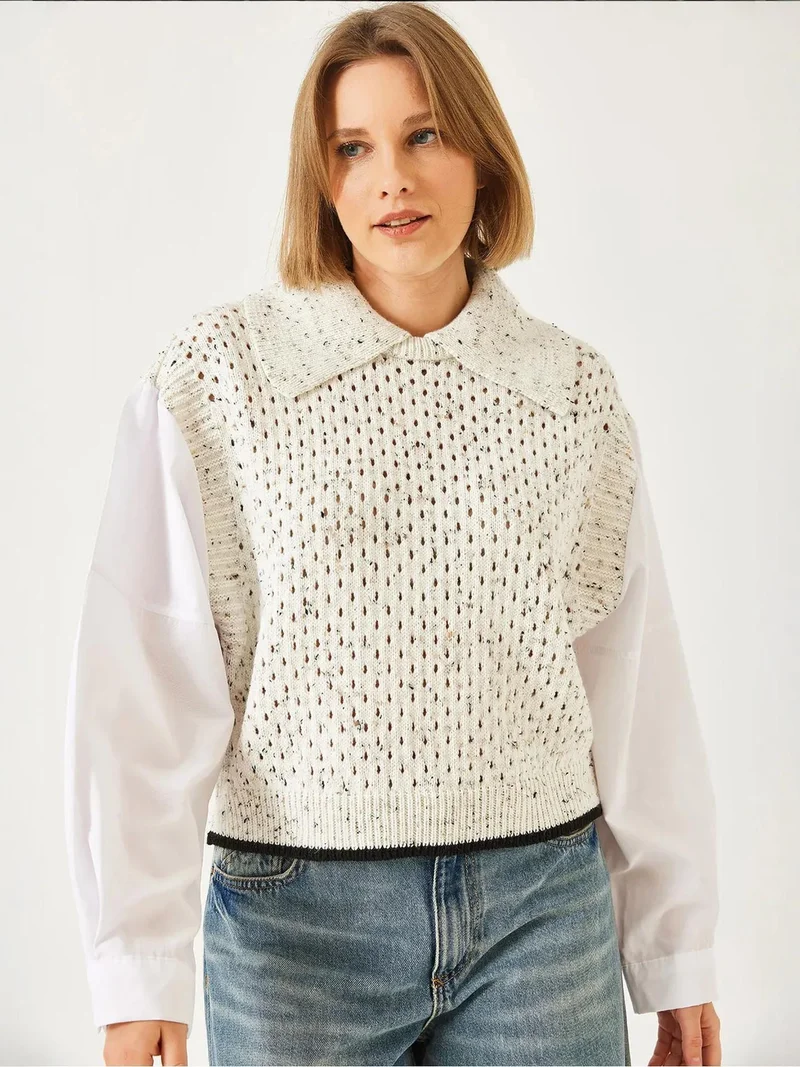 Bianco Lucci Beige Natural LUCCI Textured Knit Crop Sweater with Shirt Collar for Women | Best Price UAE