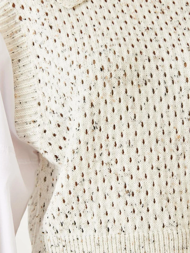 Bianco Lucci Beige Natural LUCCI Textured Knit Crop Sweater with Shirt Collar for Women | Best Price UAE