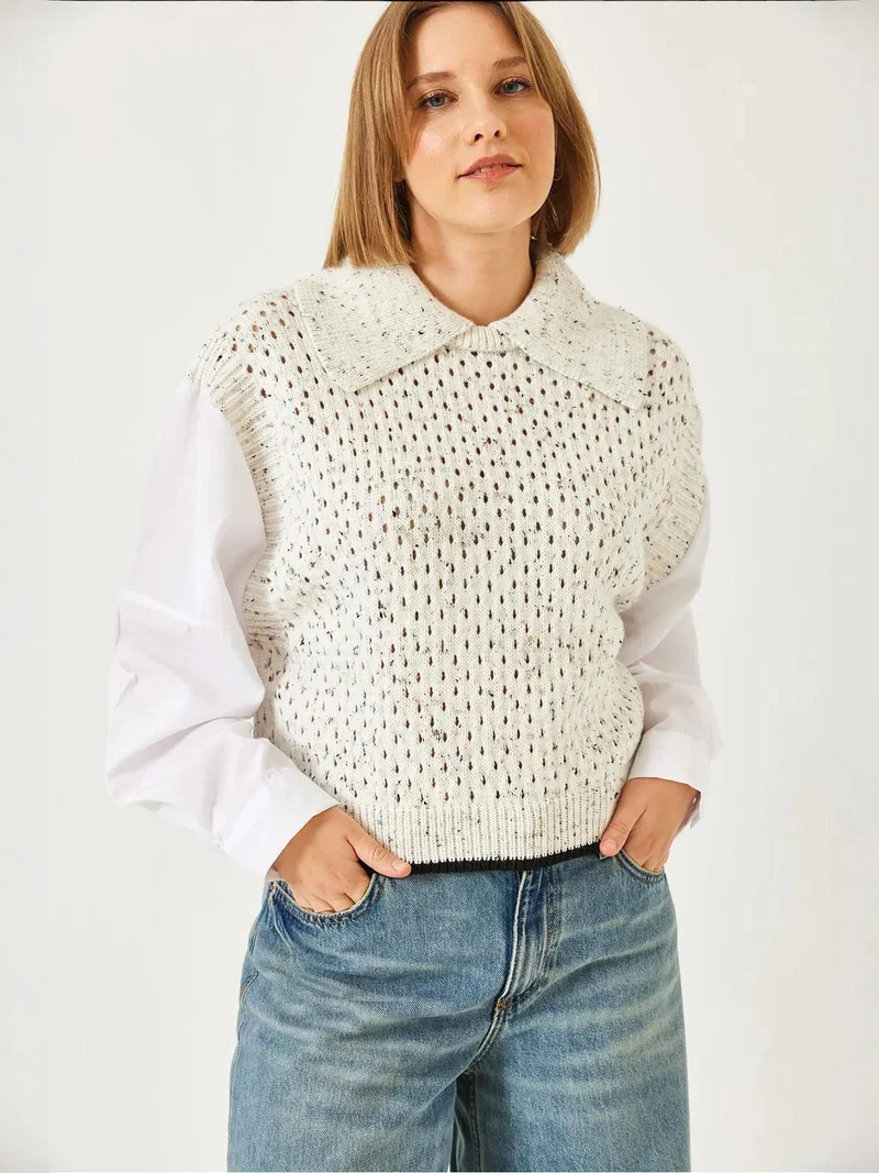 Bianco Lucci Beige Natural LUCCI Textured Knit Crop Sweater with Shirt Collar for Women | Best Price UAE
