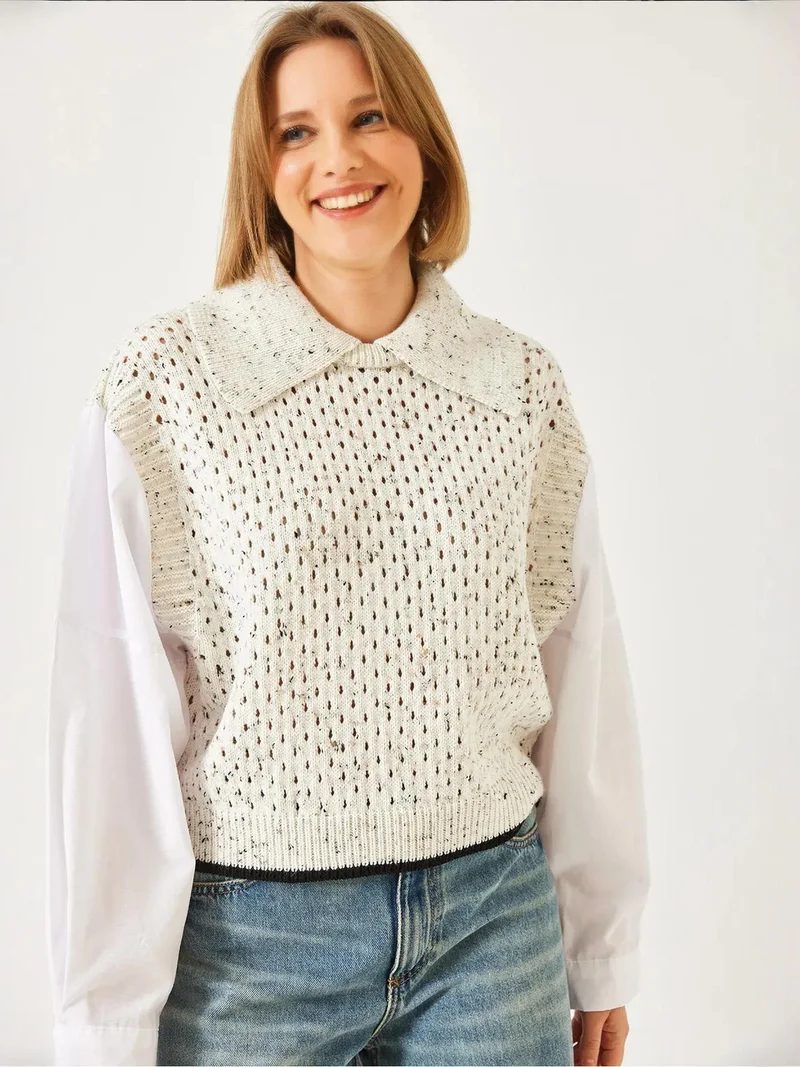 LUCCI Textured Knit Crop Sweater with Shirt Collar