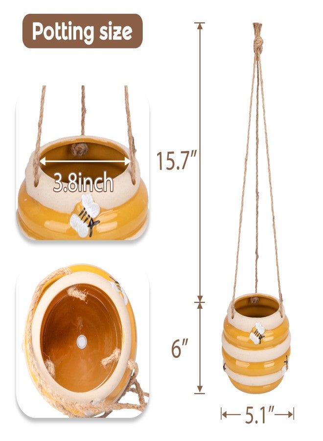 Chonsun Hanging Ceramic Planter 5 Inch Cute Bee Plant Pot Indoor Oudoor Yellow Planter Flower Pot Succulent Plant Pot Ceramic Mid-Century Planter - Image 3