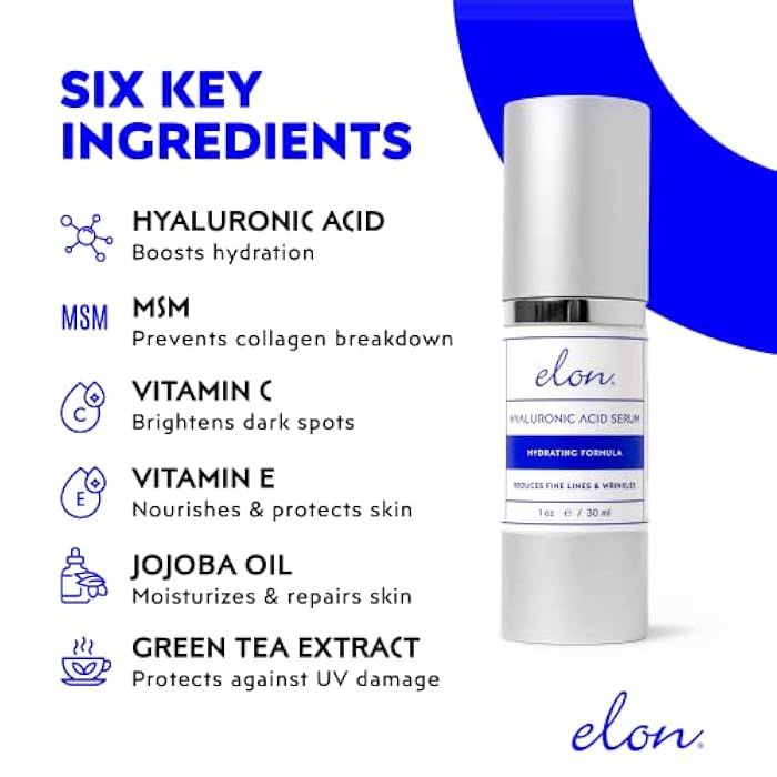 Elon Hyaluronic Acid Serum for Face & Neck - Revitalizing Daily Facial Serum Vitamin C and Hyaluronic Acid, E & Jojoba Oil - Promotes Deep Hydration & Collagen Production - Suitable for all Skin Types - Image 2