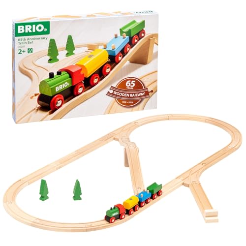 BRIO Classic 65th Anniversary Wooden Train Set 32Piece FSCCertified Wood Train Set Includes Wooden Trains Wagons Bridge Tracks Compatible Classic Kids Ages 2 Up - Image 1