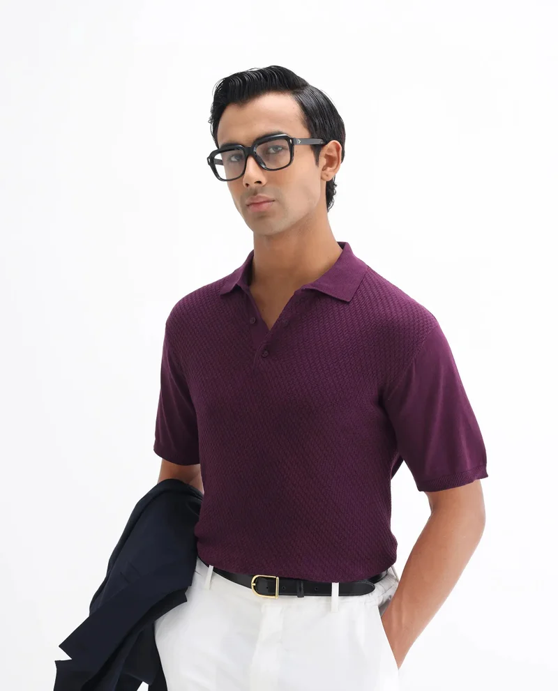 Rare Rabbit Men's Cable Knit Regular Fit Solid Polo