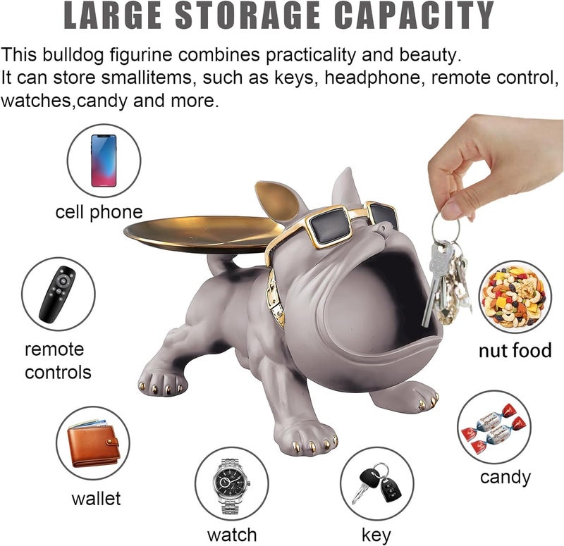 SkyKey Bulldog Storage Butler Sculpture| Handcrafted Resin Sculpture | Tray and Bowl Storage | Ideal for Keys, Jewelry, and Trinkets | Stylish Gift Option in Grey | Pack of 1 - Image 4