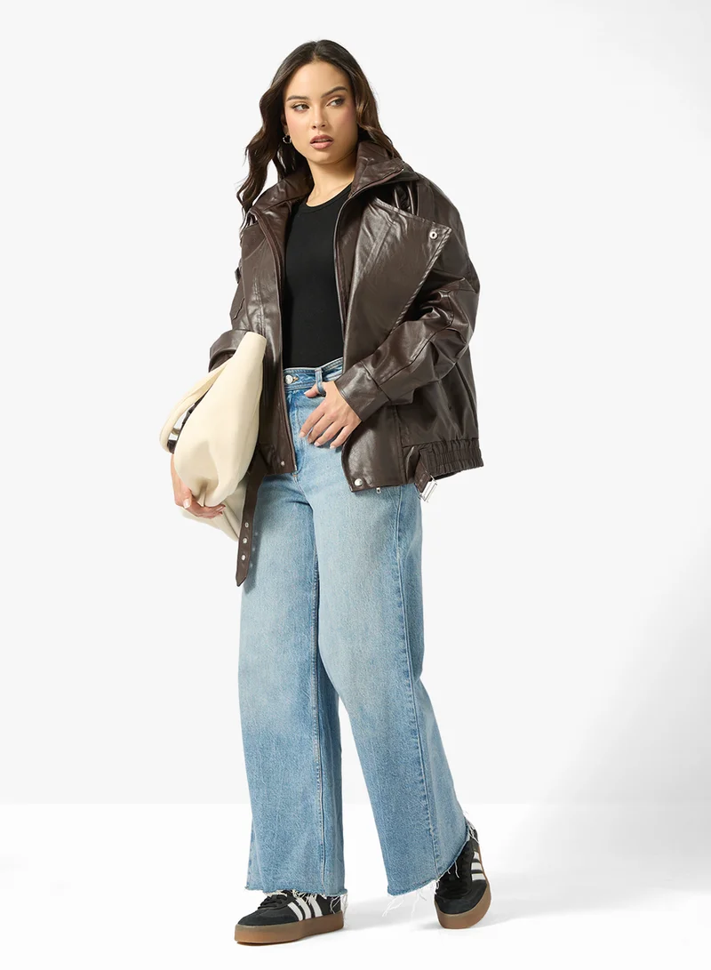 جينجر Oversize PU Leather Bomber Jacket
