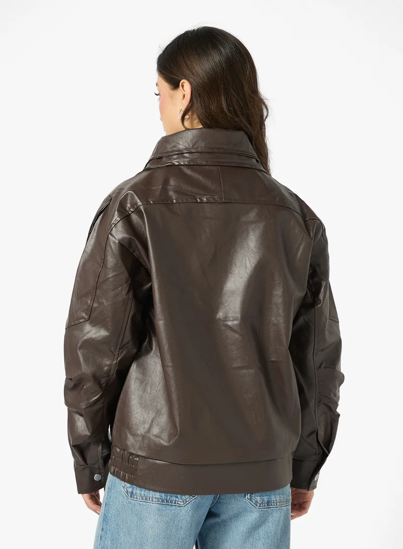 Ginger Oversize PU Leather Bomber Jacket