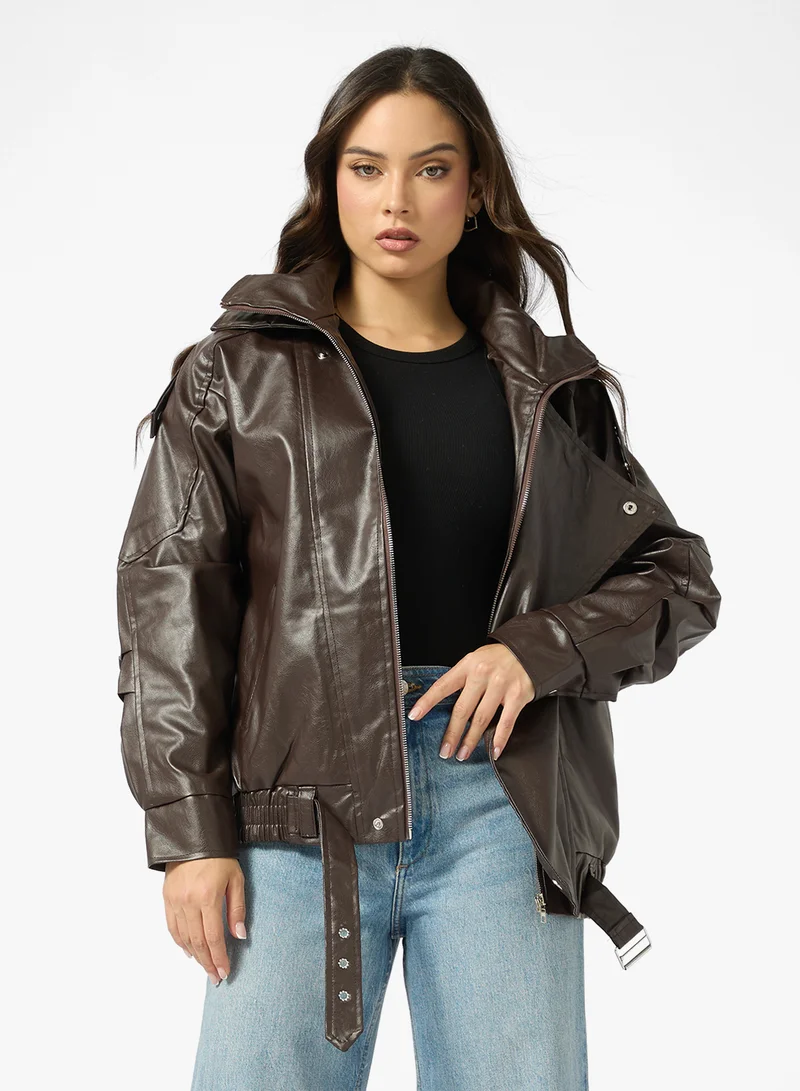 Ginger Oversize PU Leather Bomber Jacket