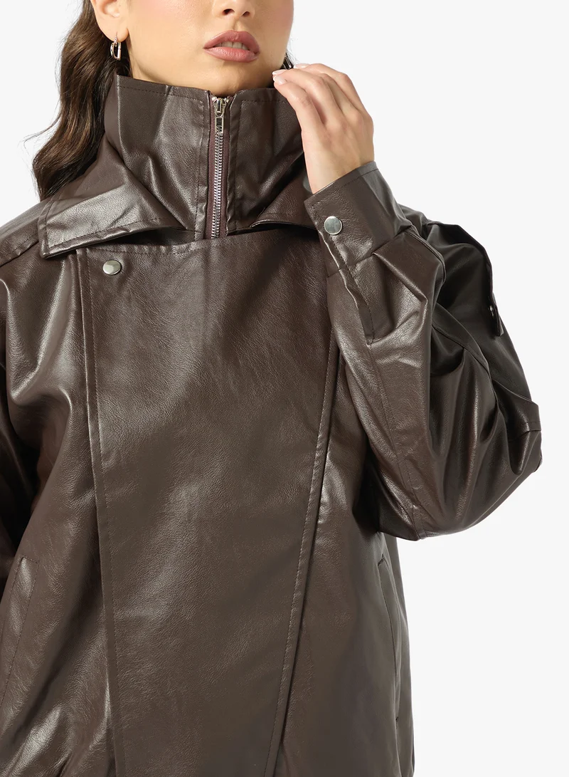 جينجر Oversize PU Leather Bomber Jacket