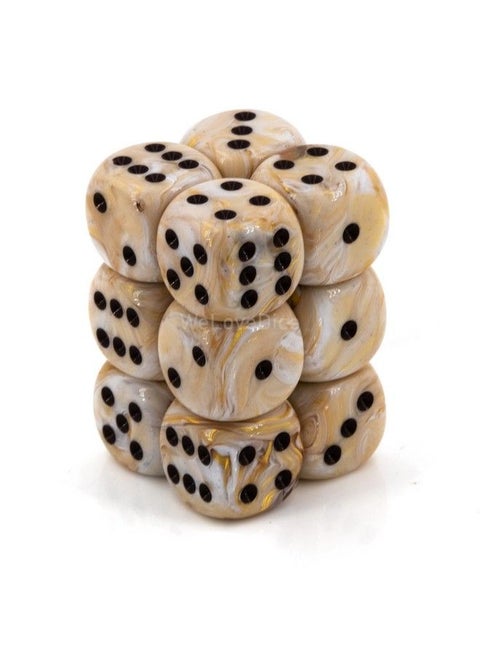 Dice D6 Sets: Marble Ivory With Black 16Mm Six Sided Die (12) Block Of Dice (1 Pack)