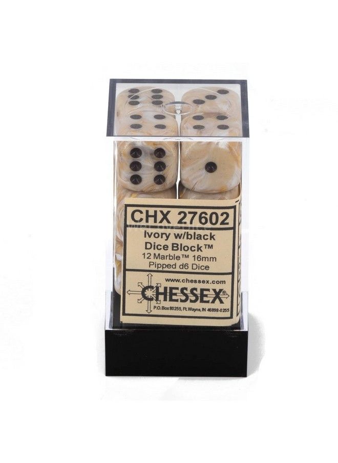 Dice D6 Sets: Marble Ivory With Black 16Mm Six Sided Die (12) Block Of Dice (1 Pack)