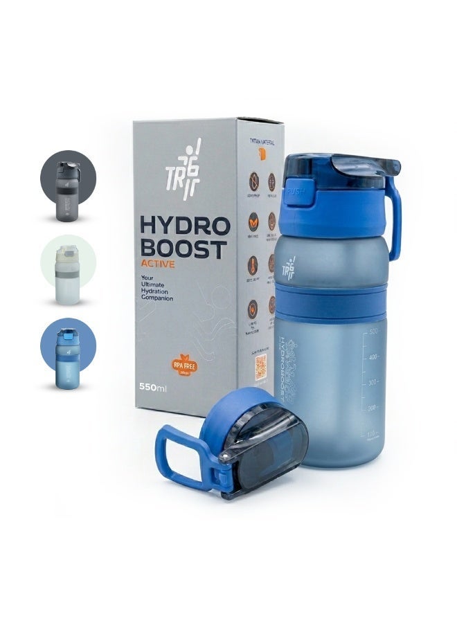 TR6 زجاجة TR6 Hydra Boost Active Frosted سعة 550 مل خالية من مادة BPA مع شفاطة وغطاء قابل للقفل ومضاد للتسرب وخفيفة الوزن وأنيقة ومثالية للصالة الرياضية والعمل والمدرسة والاستخدام في الهواء الطلق (أزرق) - Image 1