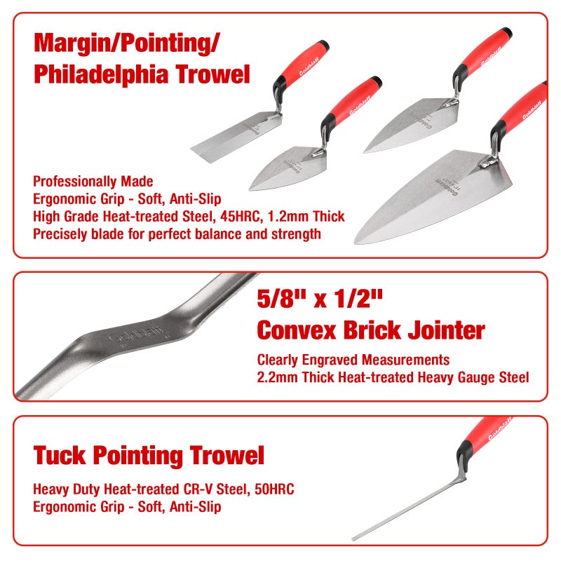 Goldblatt 12PC Masonry Hand Tool Set Organized in Tool Bag - Philadelphia/Pointing/Margin/Tuck Pointing Trowel, Skate Wheel Joint Raker, Convex Brick Jointer, String Line & Jag-clamp, Masonry Brush - Image 5