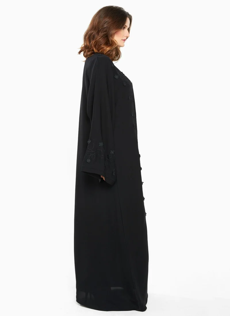 NUKHBAA Casual abaya with embellished leafy textured detailing.-AJ722A
