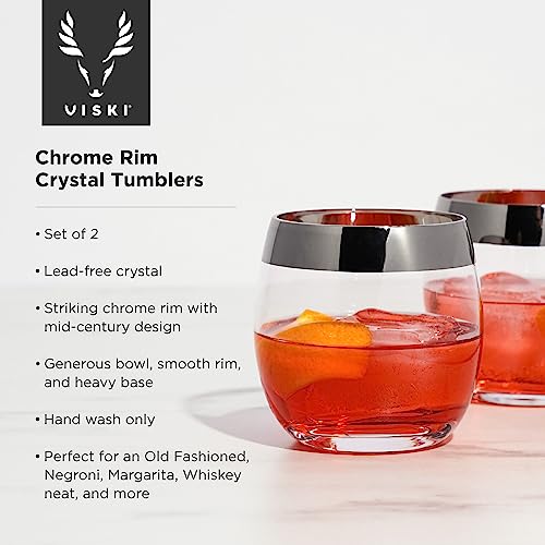 Viski Irving Chrome Rim Crystal Lowball Tumblers Set of 2 - Premium Crystal Clear Cocktail Glass Gold Rimmed Glassware, Stylish Lowball Whiskey Glass Gift Set, 9 oz - Image 2