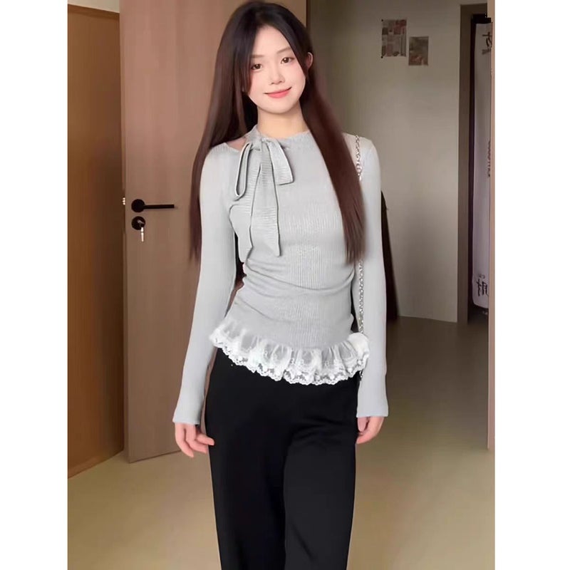 Ballet Style Beautiful All-match T-shirt Women's Autumn and Winter Niche Design Sense Bow Tie-up Hollow Slim-fit Base Shirt Trendy - Image 4